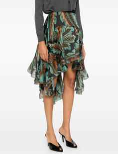 绿色印花不规则荷叶边真丝半身裙 短裙 Etro艾绰2025秋季款