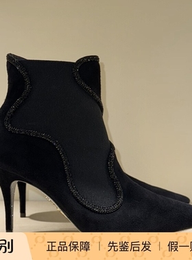 黑色尖头高跟短筒靴子 镶钻 黑色麂皮反绒面 Rene Caovilla 2025