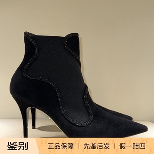 黑色尖头高跟短筒靴子 镶钻 黑色麂皮反绒面 Rene Caovilla 2025