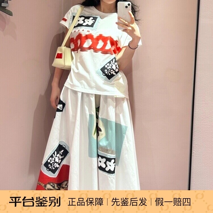 女士白色印花短袖T恤长袖衬衫 布贴刺绣半身裙 Marni玛尼2025秋款