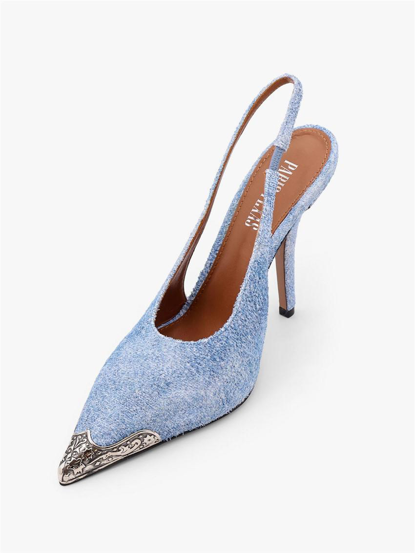 浅蓝色牛仔布尖头高跟鞋 凉鞋 Paris Texas 2025春夏新款金属包头