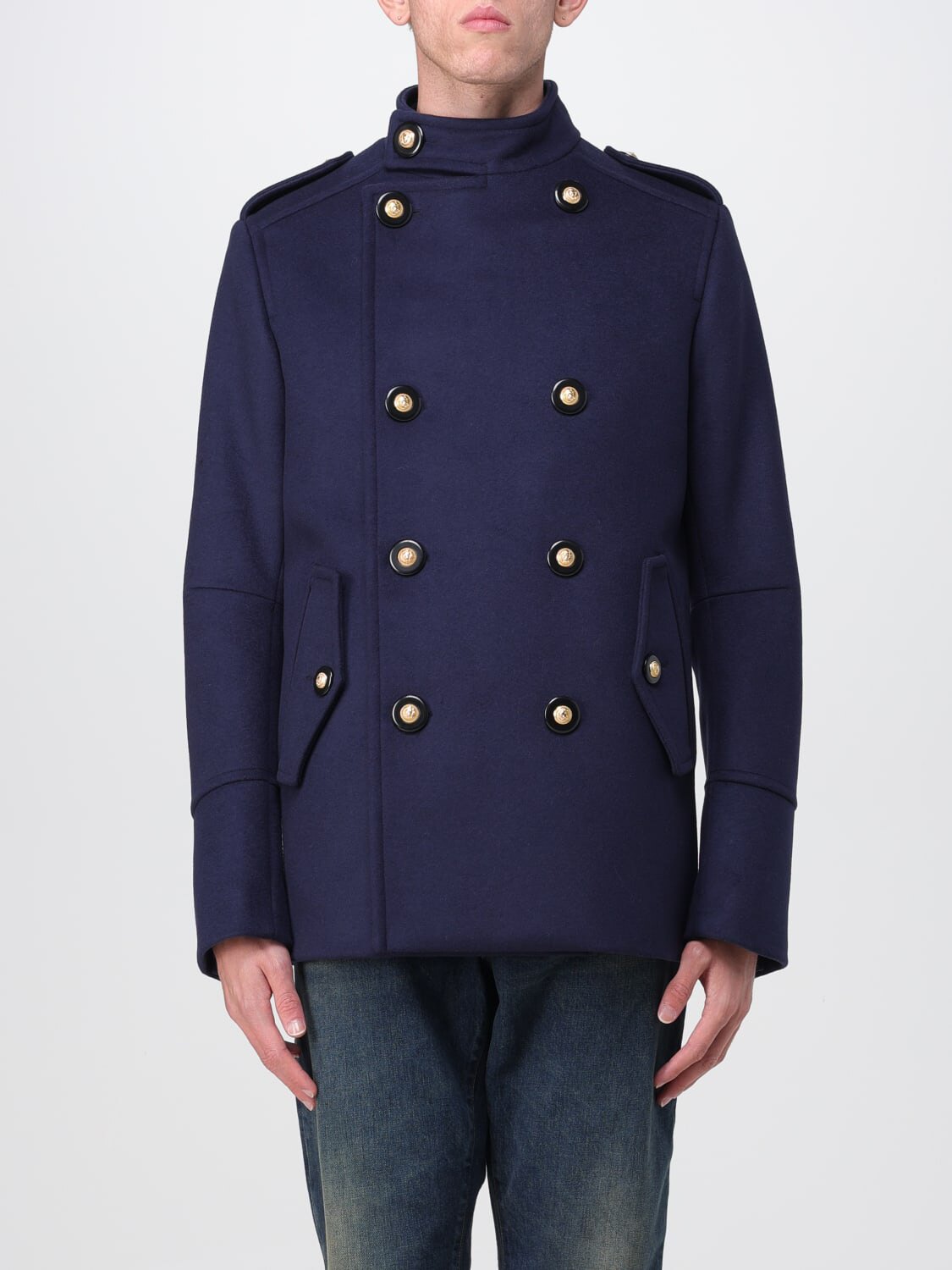 深蓝色毛呢外套 双排扣短款balmain巴尔曼羊毛夹克 男装2023秋冬