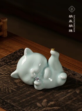 景德镇陶瓷躺赢躺赚招财猫摆件客厅玄关书房桌面工艺品开业礼品