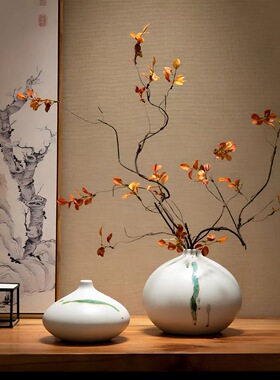 餐桌干花细口花瓶摆件玄关客厅电视柜插花装饰品景德镇新中式禅意