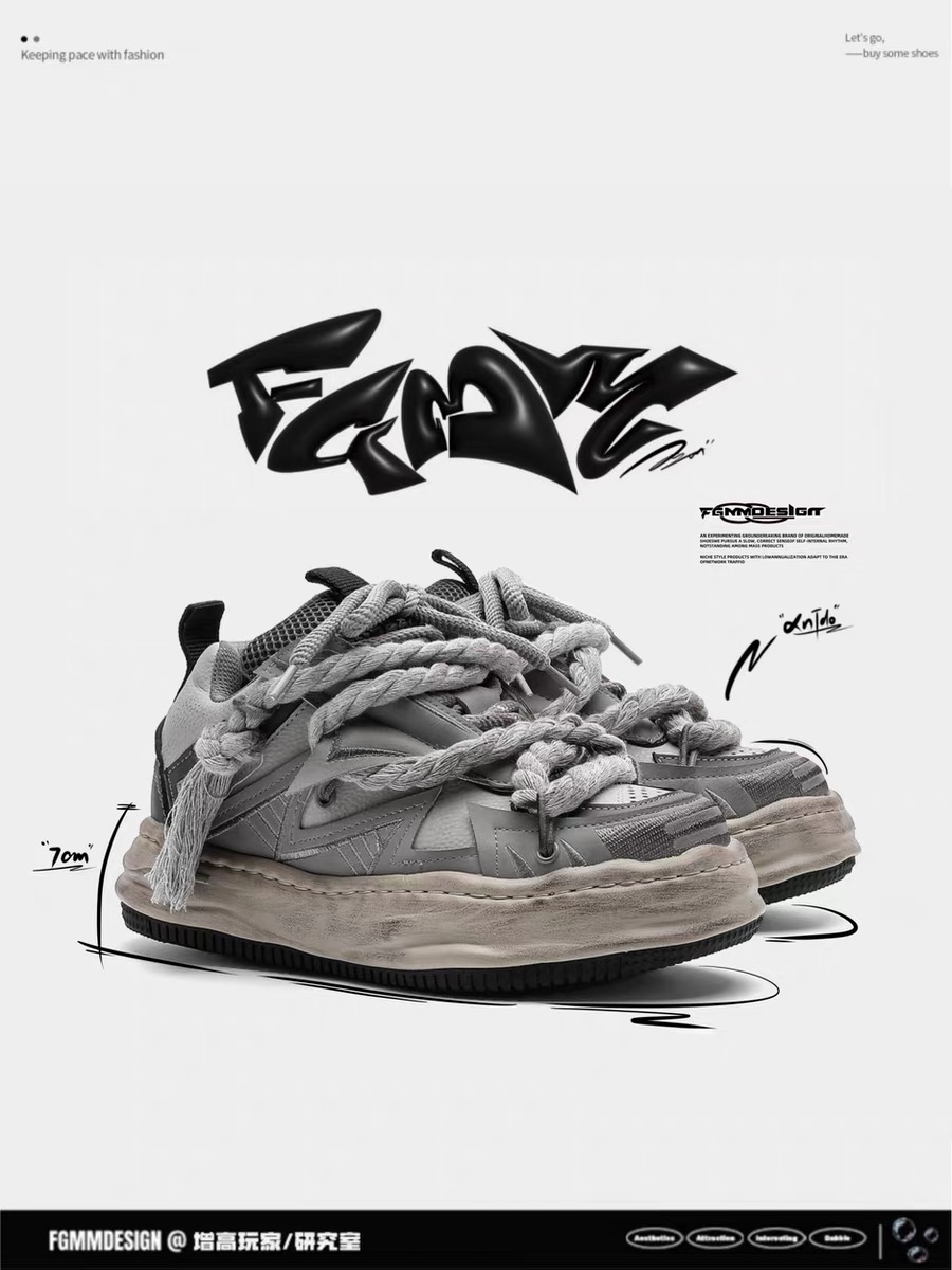 手工原创隐形增高7CM板鞋男款秋季做旧溶解鞋厚底小众面包鞋子女