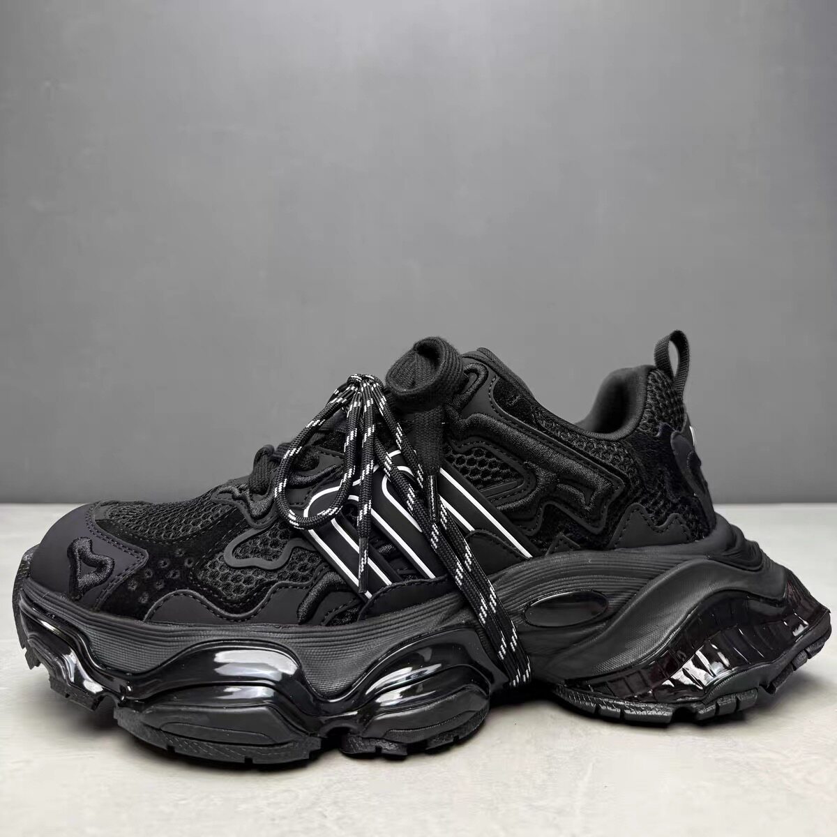 巴黎系列暗系黑武士气垫厚底老爹鞋男真皮复古ins潮运动鞋