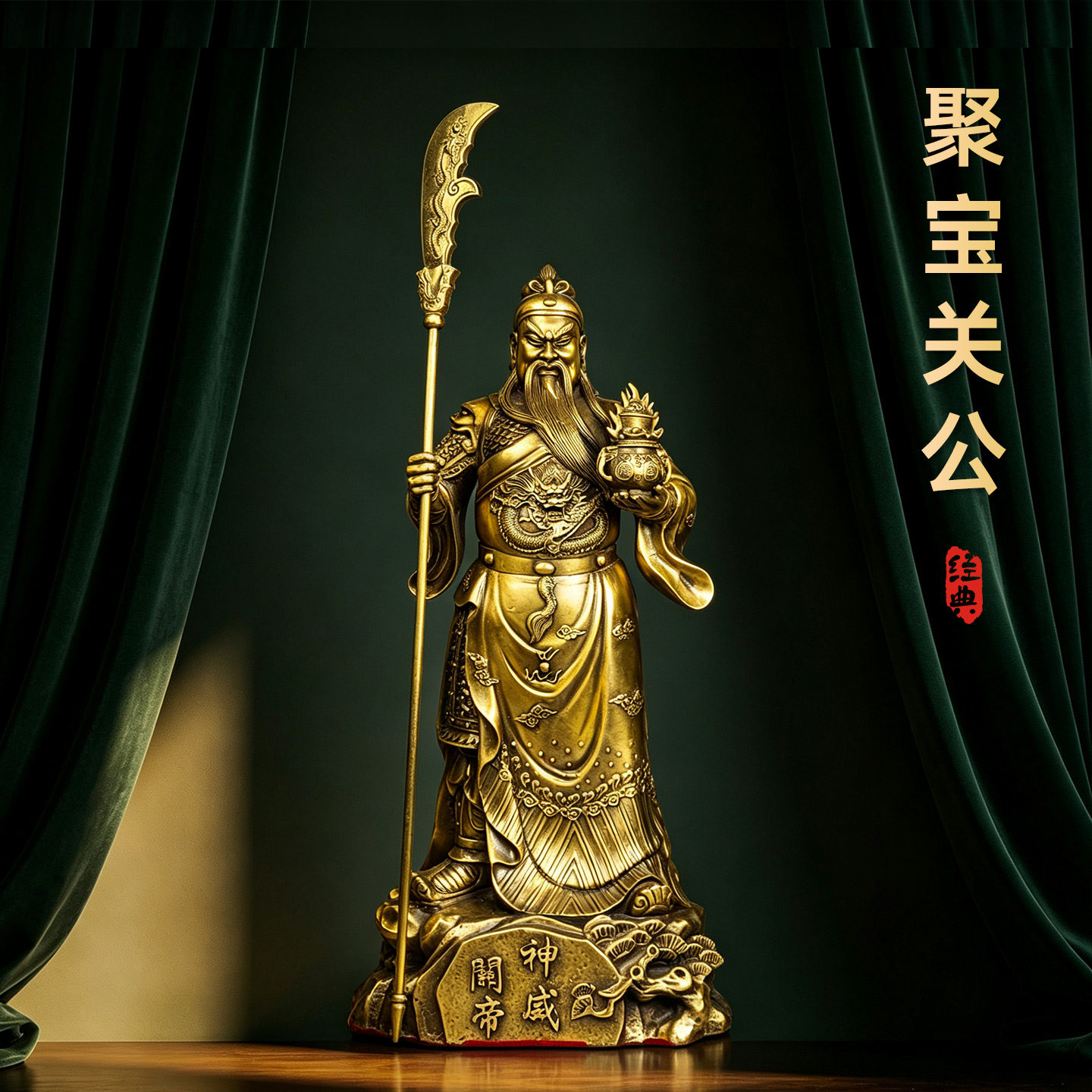 黄铜关公铜像关二爷横提刀武财神关羽站像捧聚宝盆神威关帝铜像