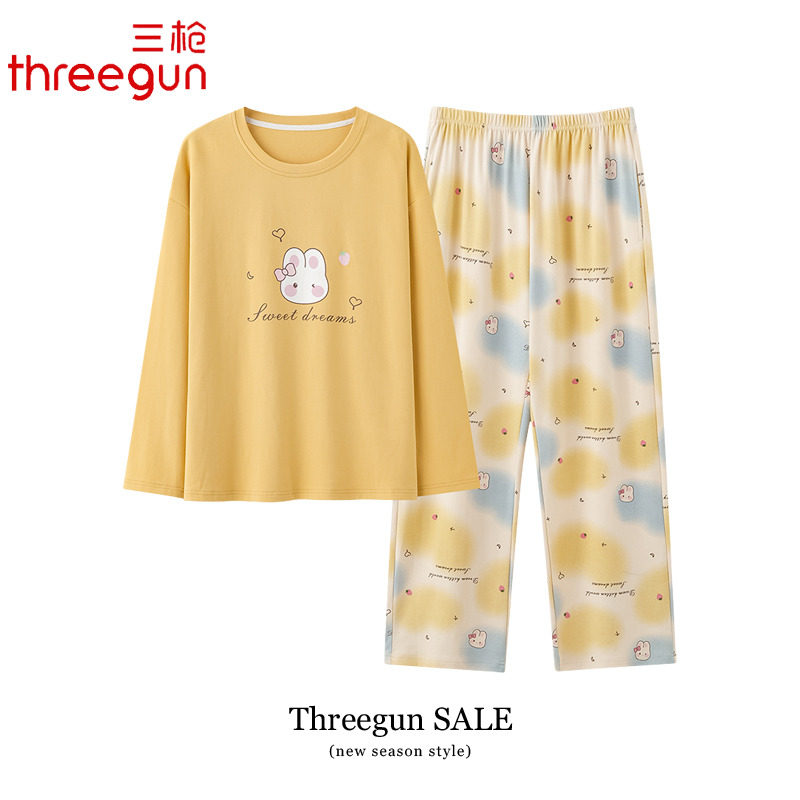三枪睡衣女士纯棉春秋款长袖长裤圆领卡通家居服女款全棉秋季套装