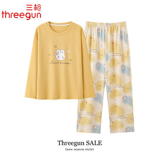 三枪睡衣女士纯棉春秋款长袖长裤圆领卡通家居服女款全棉秋季套装
