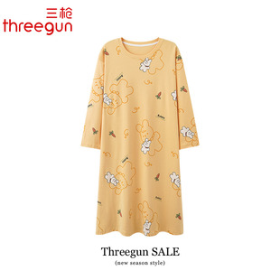 三枪女款睡裙春秋季纯棉长袖套头睡衣女士卡通全棉中长款家居服