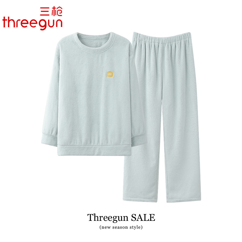 三枪睡衣女士冬季加厚加绒珊瑚绒家居服冬天保暖法兰绒圆领套装