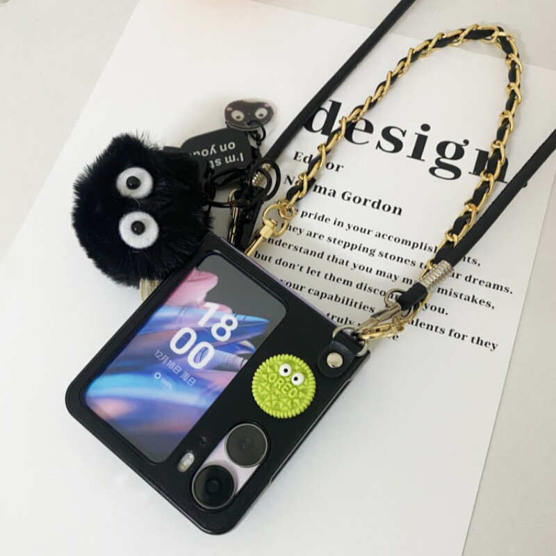黑色毛球挂件适用于oppo findn3 flip手机壳新款折叠屏皮质保护套findn2 flip手提挂绳斜挎背带链条可爱少女图片