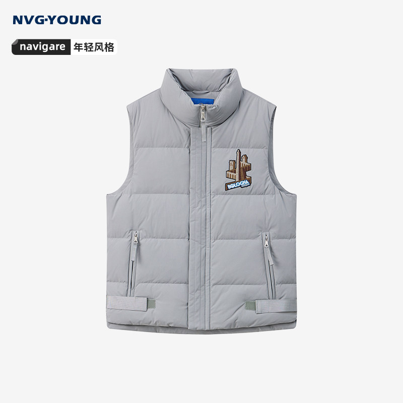 Navigare意大利小帆船灰色立领羽绒马甲男秋冬潮牌保暖背心外套
