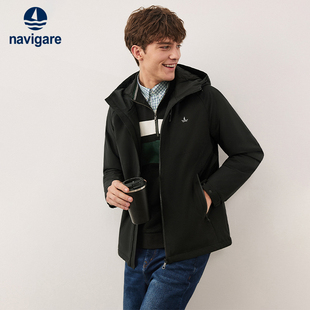 Navigare意大利小帆船黑色连帽棉衣外套男冬季 休闲保暖棉服 新款