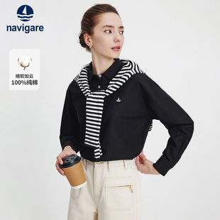 Navigare小帆船黑色翻领纯棉衬衫女士春秋季通勤长袖衬衣休闲上衣