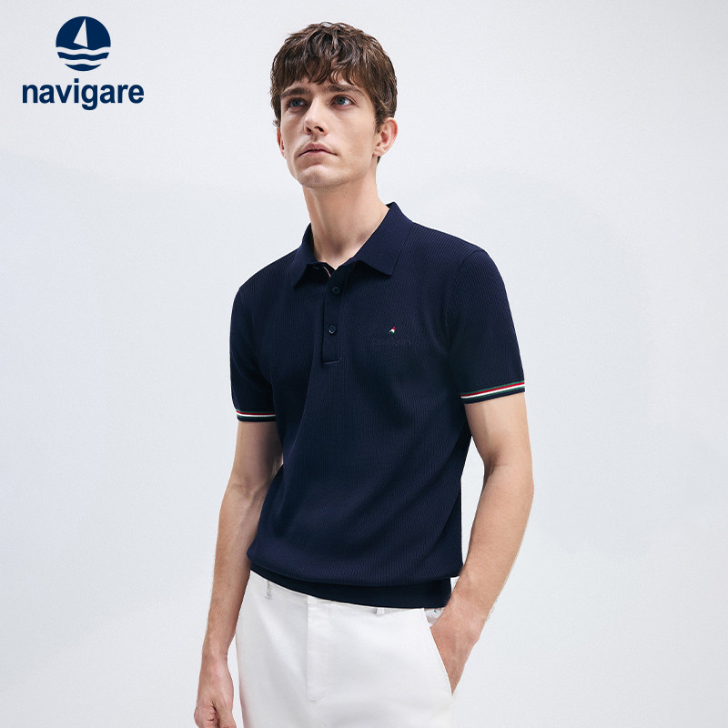 Navigare意大利小帆船蓝色休闲翻领polo衫男士短袖T恤菠萝衫