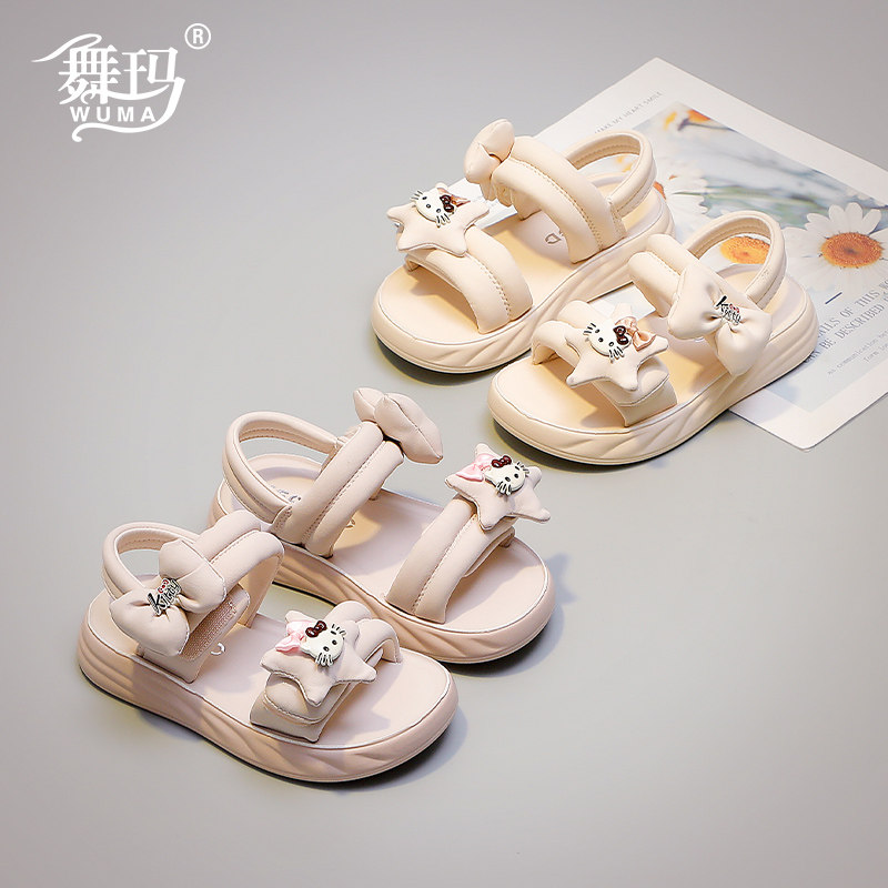 女童鞋儿童公主鞋2025新款夏季小女孩软底露趾蝴蝶结卡通凉鞋子S