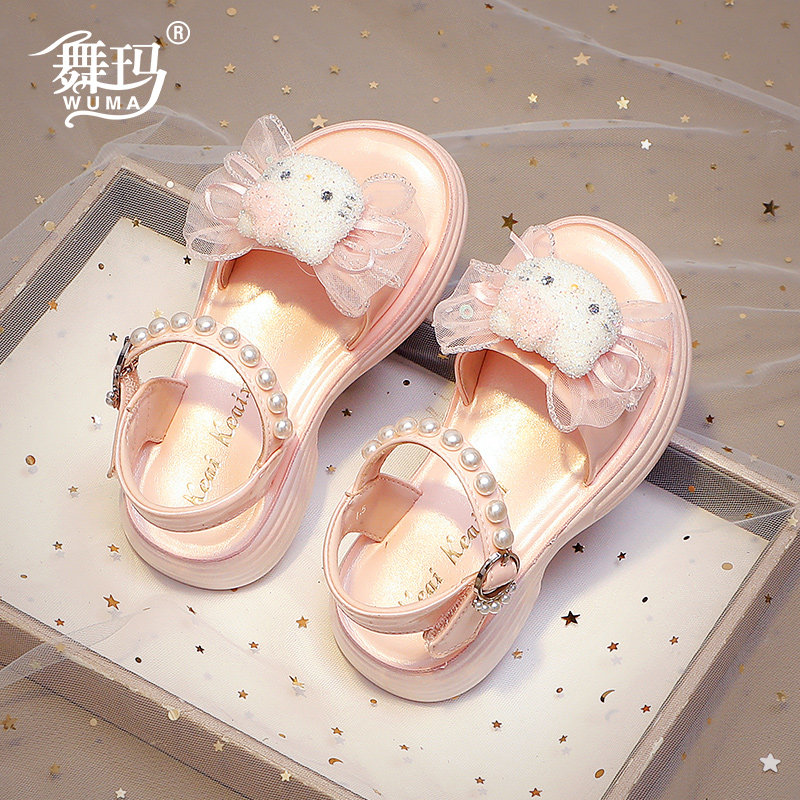 女童鞋儿童公主鞋2025新款夏季女孩露趾软底珍珠蝴蝶结时装凉鞋X