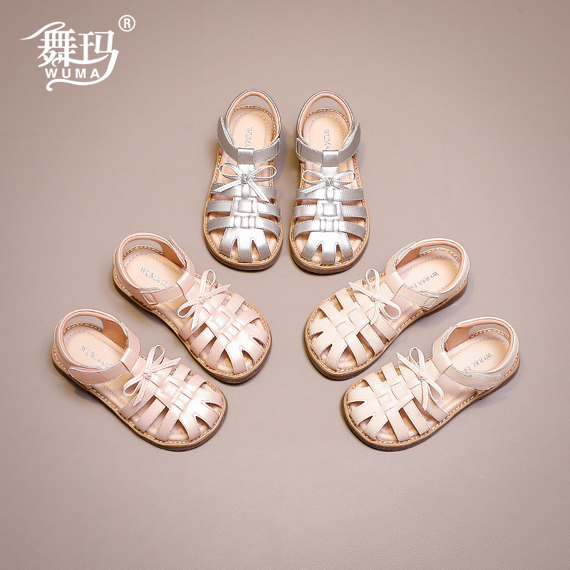 舞玛银色包头女童罗马凉鞋图片