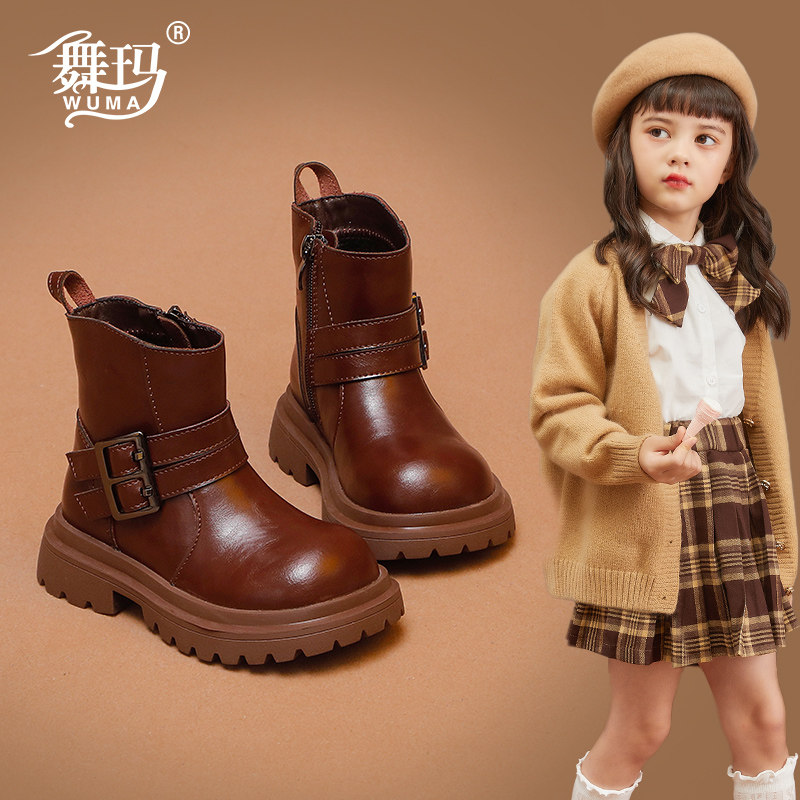 舞玛女童冬季加绒黑色复古骑士靴