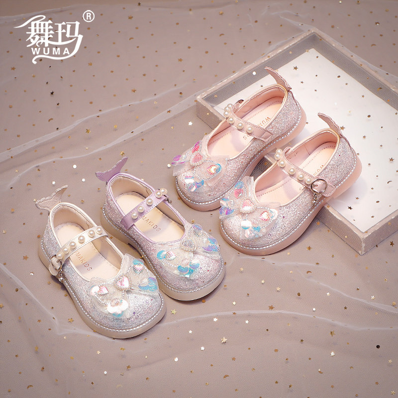舞玛女童鞋子儿童公主鞋2026春季新款水晶蝴蝶结演出单鞋软底皮鞋
