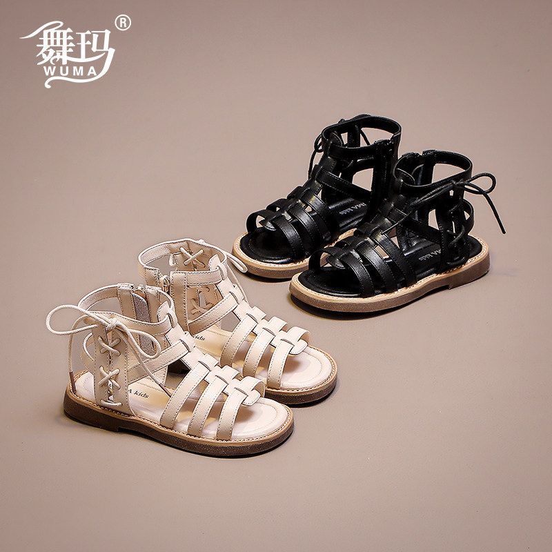 舞玛女童罗马凉鞋高帮绑带公主鞋图片
