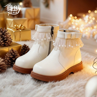 女童鞋子儿童公主短靴2025新款冬季加绒白色皮靴女宝保暖黑色皮鞋