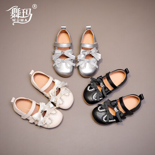 舞玛女童秋季蝴蝶结珍珠公主鞋