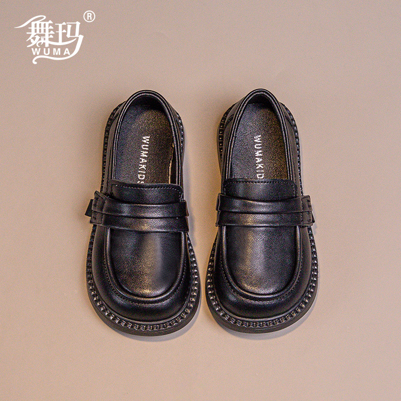 舞瑪女童春秋季簡約真皮黑色皮鞋