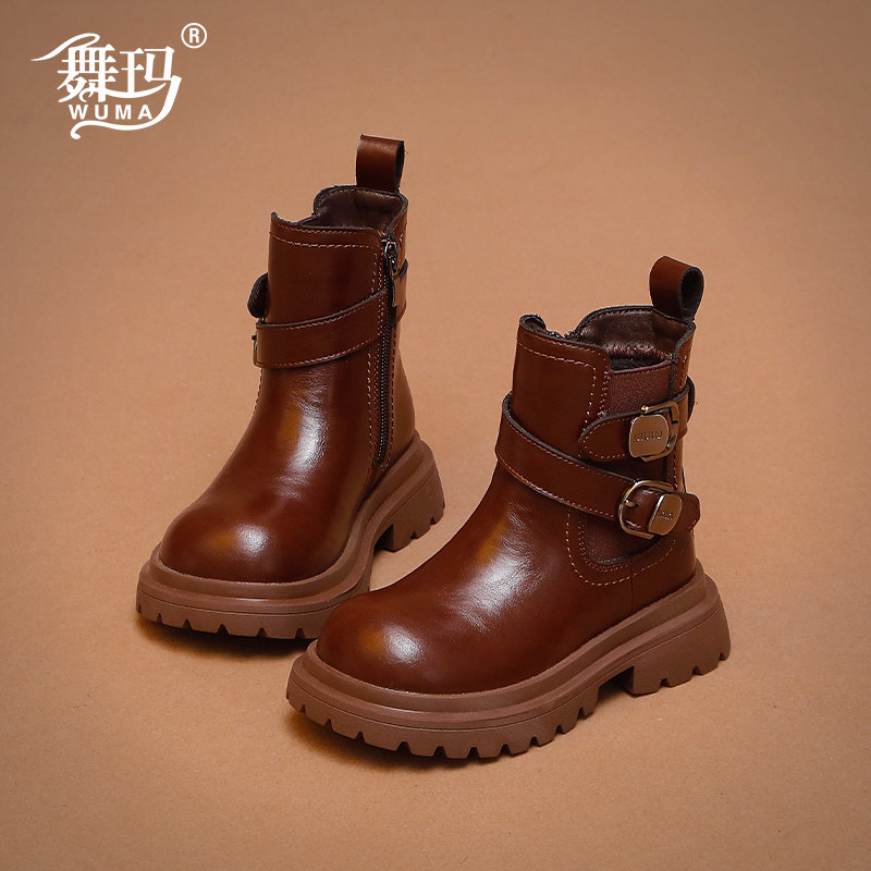 舞玛女童鞋子儿童短靴2025新款冬季女孩加绒二棉黑色皮带扣马丁靴