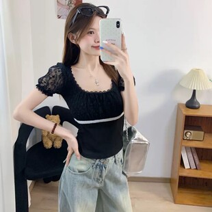 8513#夏季新款甜美风U领绣花拼接泡泡短袖女修身一体式带胸垫上衣