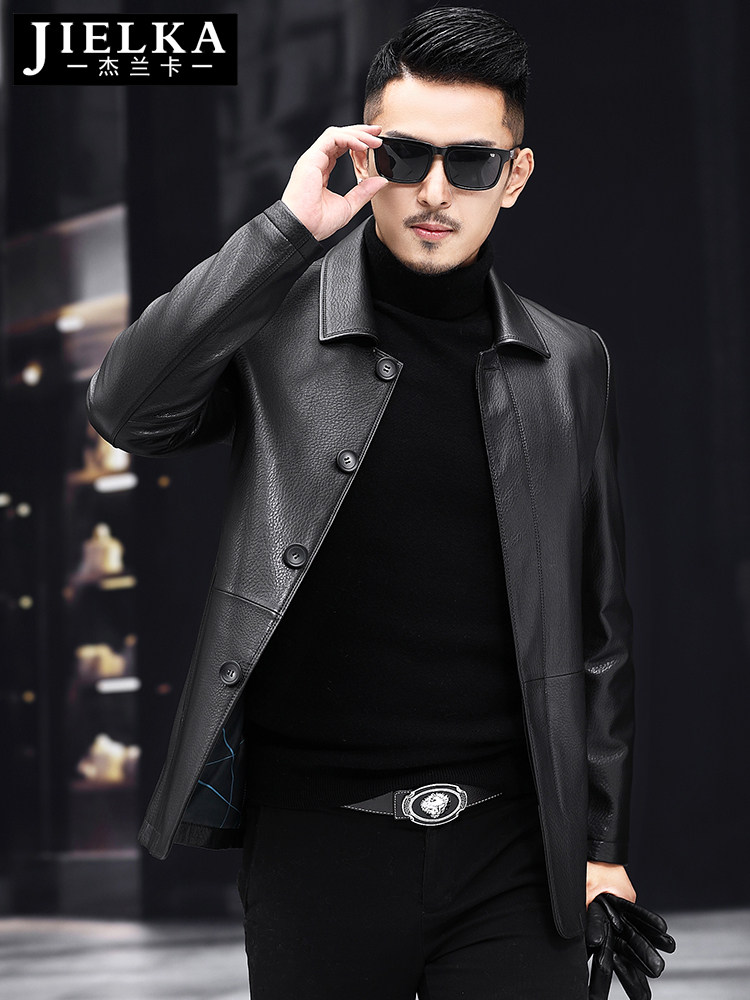2020 Haining leather leather men's medium and long version windbreaker lapel leather jacket Deerskin pattern down jacket thickened jacket