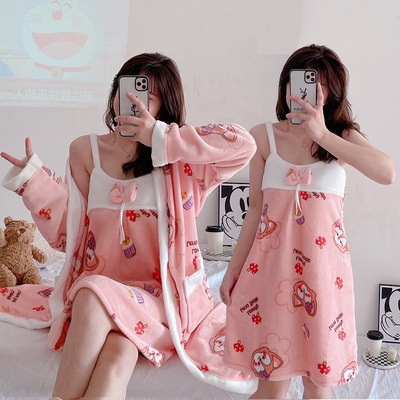 法兰绒秋冬甜美保暖睡裙睡袍