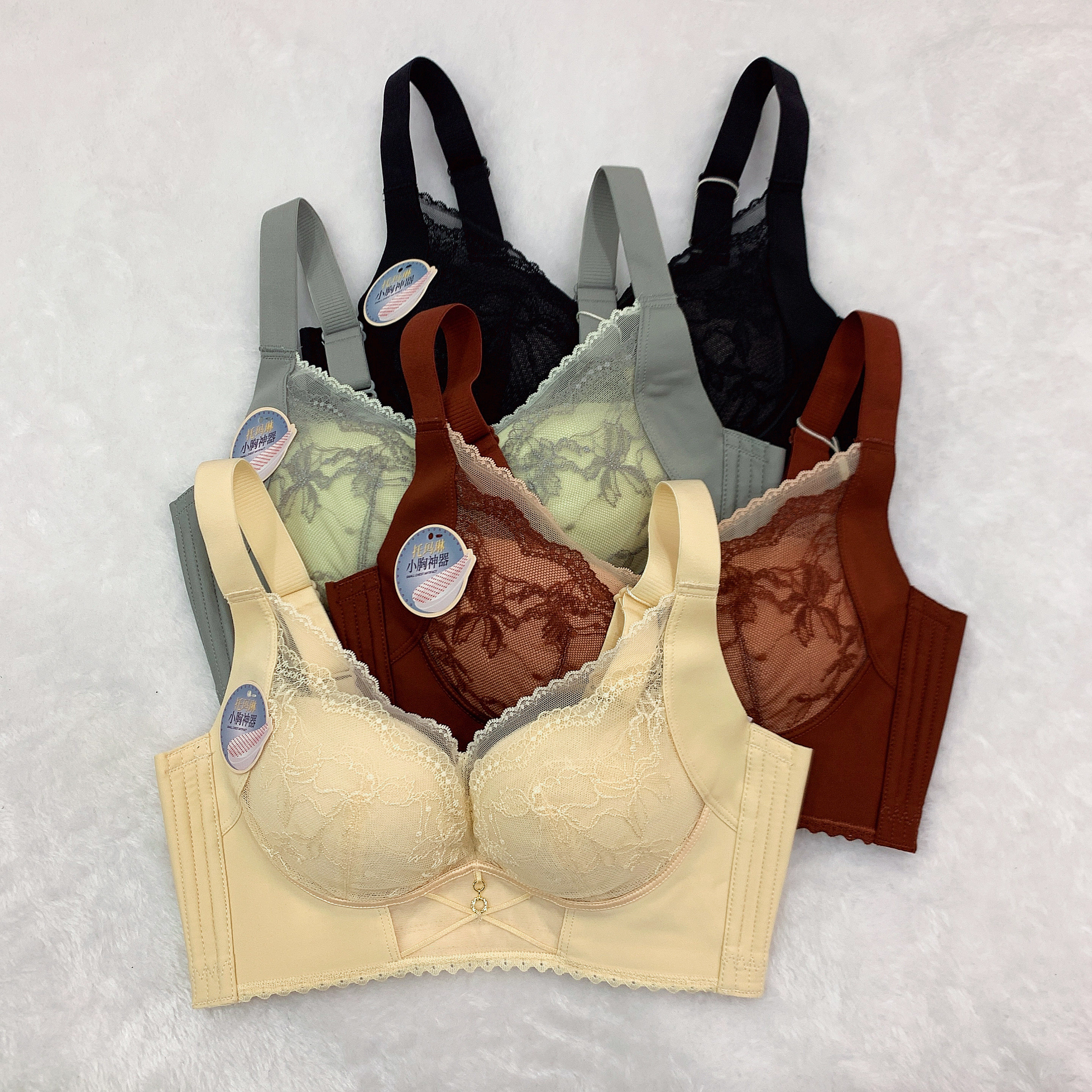 安吉婷6955无钢圈中厚托玛琳按摩AB杯小胸聚拢收副乳调整型文胸罩