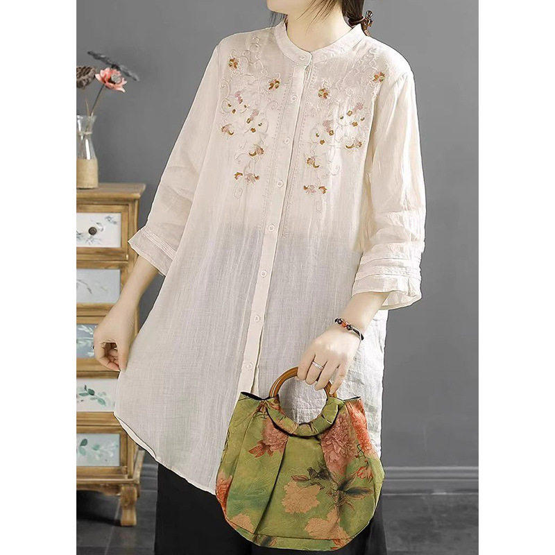 中式国风大码刺绣文艺衬衫上衣女装夏季新款宽松七分袖立领中长衫