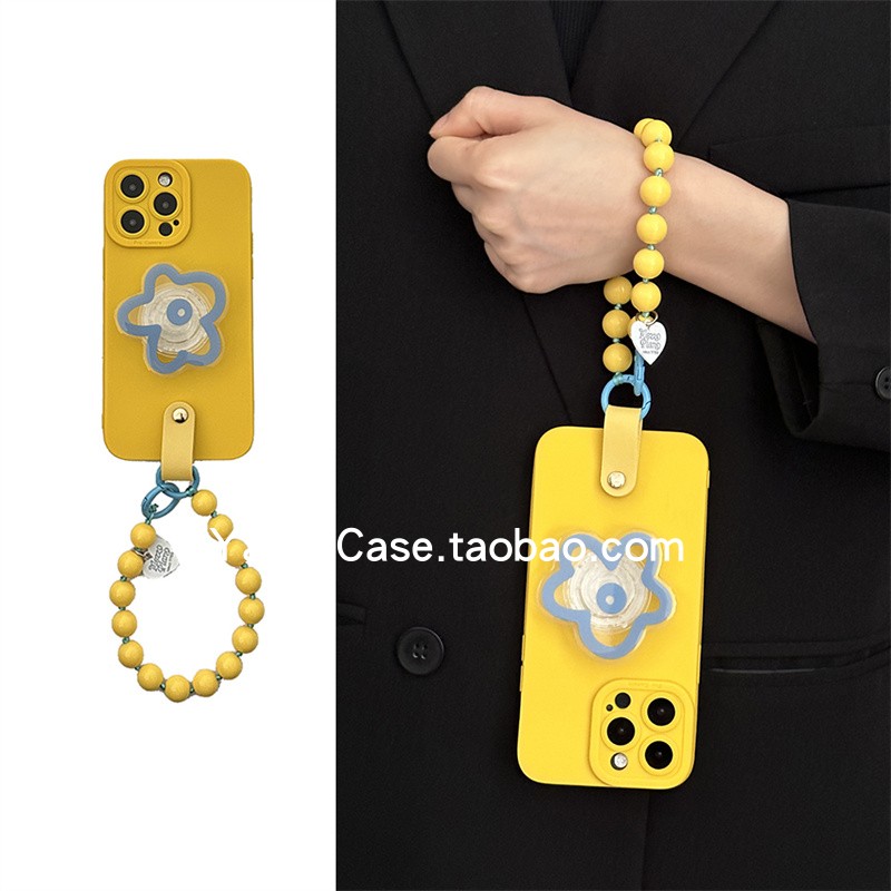 夏日好看清新ins蓝线条花朵支架16promax适用苹果15promax手机壳iphone13黄珠链15pro防摔12全包14保护16套