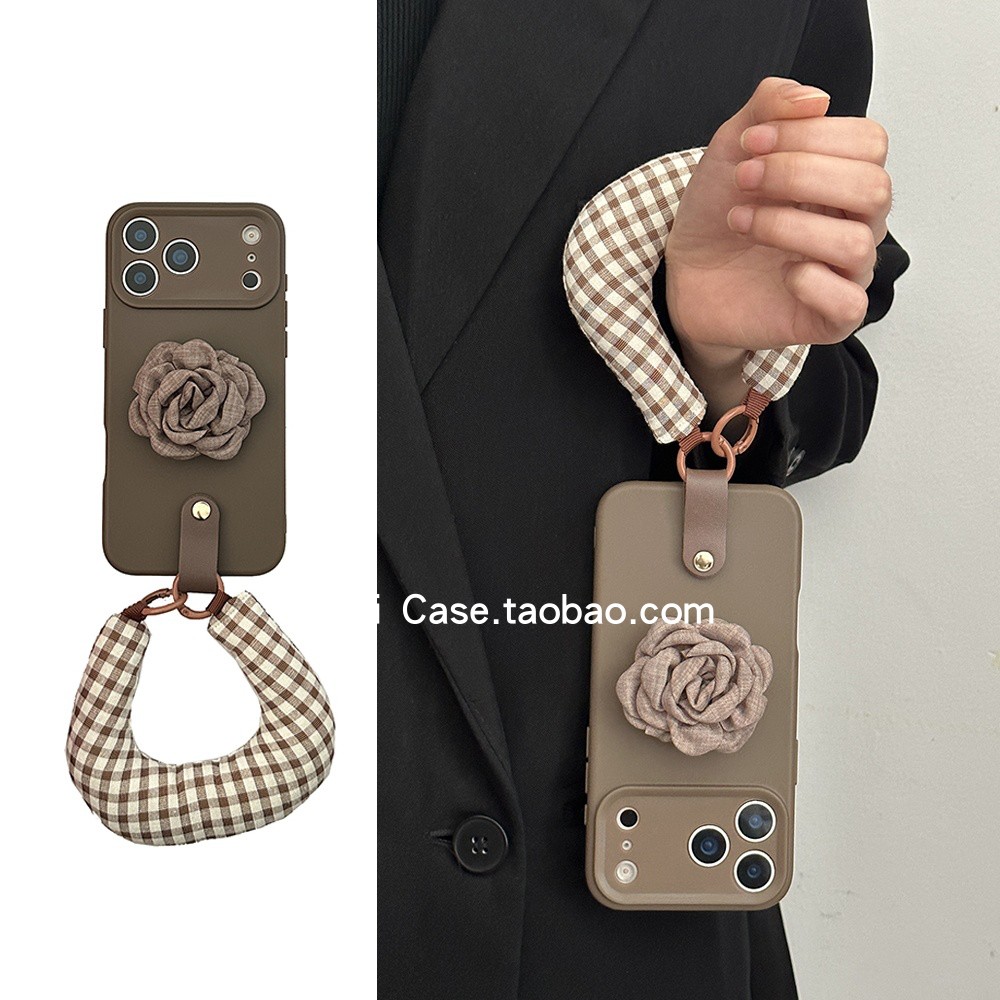 秋冬气质氛围感咖色山茶花支架16promax适用苹果17promax手机壳iphone13软胶15充棉手腕12防摔17全包14保护套