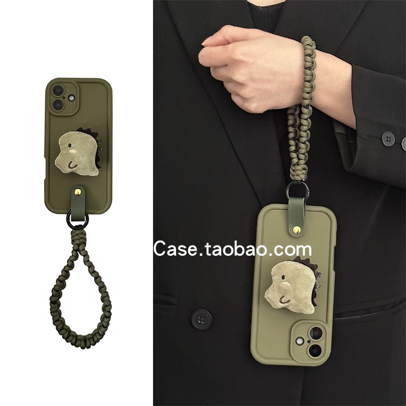 ins小众可爱毛绒绿色恐龙支架17pro适用苹果15promax手机壳13pro编织手拎绳14简约12软全包16防摔16保护套