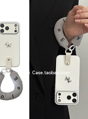 大视窗ins小众白色荔枝皮纹银色小马适用苹果17promax手机壳iphone15promax全包16pro充棉手腕14保护13套17