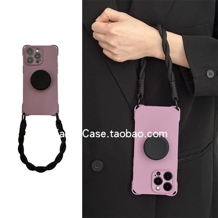 ins高级感黑加仑紫四角开孔17pro适用苹果15promax手机壳13pro挂钩手拎绳12撞色黑圆支架14防摔16pro保护套