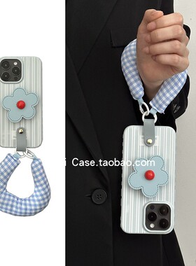 ins韩风新款爱心边蓝色条纹花朵支架16promax适用苹果17promax手机壳iphone13小众手腕15防摔17全包14保护套