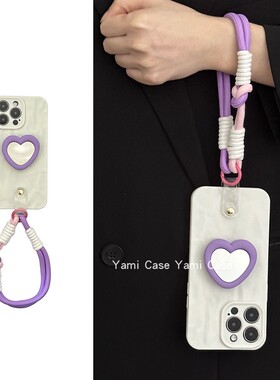 ins小众白色香芋紫爱心镜子支架适用苹果15promax手机壳iphone13手拎手绳11高级12软胶xsmax防摔14套