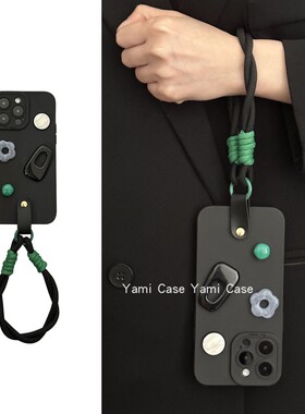 ins冷淡小众贴饰黑色短款挂绳适用17promax苹果15promax手机壳iphone13少女简约11新款ins风12时尚14保护16套