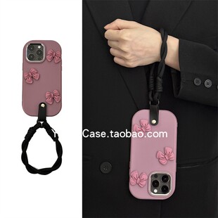 小众ins简约少女黑加仑紫蝴蝶结17promax适用苹果15promax手机壳iphone13手腕绳15防摔12全包14保护16套