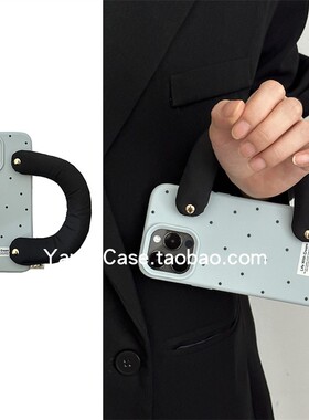 韩系ins灰蓝撞色波点便携充棉手腕17promax适用苹果15promax手机壳iphone13个性15防摔16全包14保护套