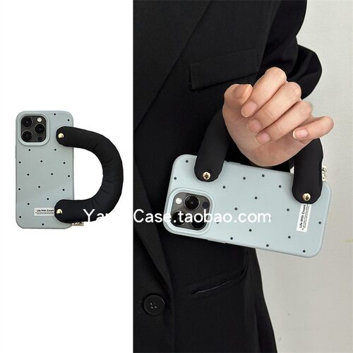 韩系ins灰蓝撞色波点便携充棉手腕17promax适用苹果15promax手机壳iphone13个性15防摔16全包14保护套