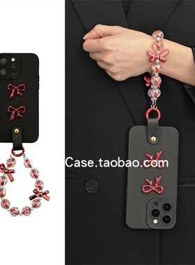 简约复古小众酒红波点蝴蝶结16promax适用苹果15promax手机壳iphone13水晶短链11全包防摔12个性14套