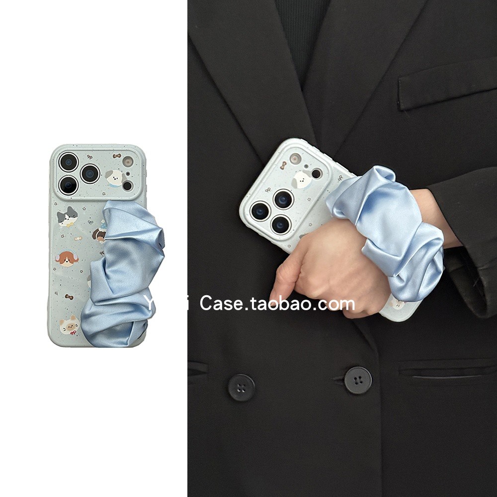 韩系ins小众简约蓝底气质丝巾手腕带16promax适用苹果17promax手机壳iphone软15pro爱心边卡通12手绳14保护套