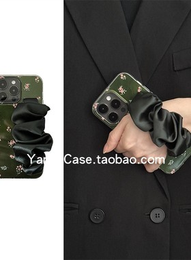 ins高级感复古绿色小碎花丝巾弹力手腕带14pro适用苹果16promax手机壳13pro小众12个性百搭11防摔15pro保护套