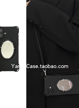 简约冷淡风黑色椭圆镜面支架16promax适用苹果15promax手机壳iphone13挂耳11可调节斜挎12防摔14保护套